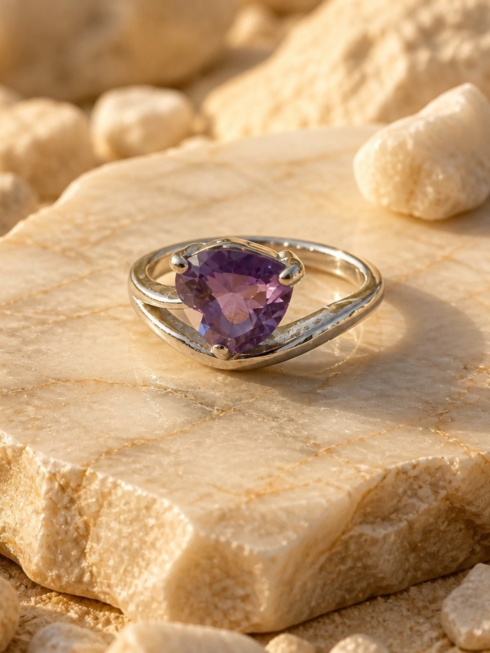 Sterling Silver Purple Heart-Cut Gemstone Ring